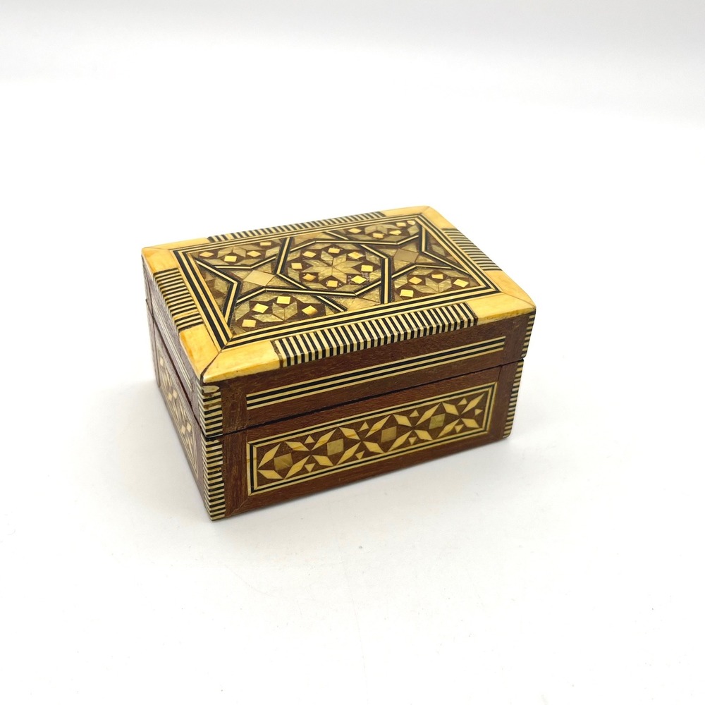 Vintage Wood Marquetry‎ Jewelry Box Trinket Box Inlay Geometric Star Small